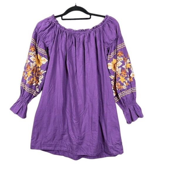 Free People Fleur de Jour Shift Dress Purple Embroidered Off Shoulder Size Small - Picture 5 of 12
